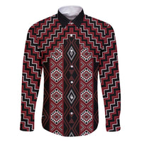 New Zealand Aotearoa Family Matching Off Shoulder Maxi Dress and Hawaiian Shirt Red Poutama With Taniko Pattern LT05 Dad's Shirt - Long Sleeve Red - Polynesian Pride
