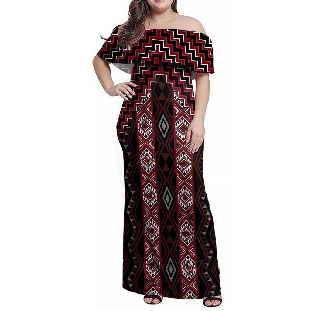 New Zealand Aotearoa Family Matching Off Shoulder Maxi Dress and Hawaiian Shirt Red Poutama With Taniko Pattern LT05 Mom's Dress Red - Polynesian Pride