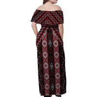 New Zealand Aotearoa Family Matching Off Shoulder Maxi Dress and Hawaiian Shirt Red Poutama With Taniko Pattern LT05 - Polynesian Pride
