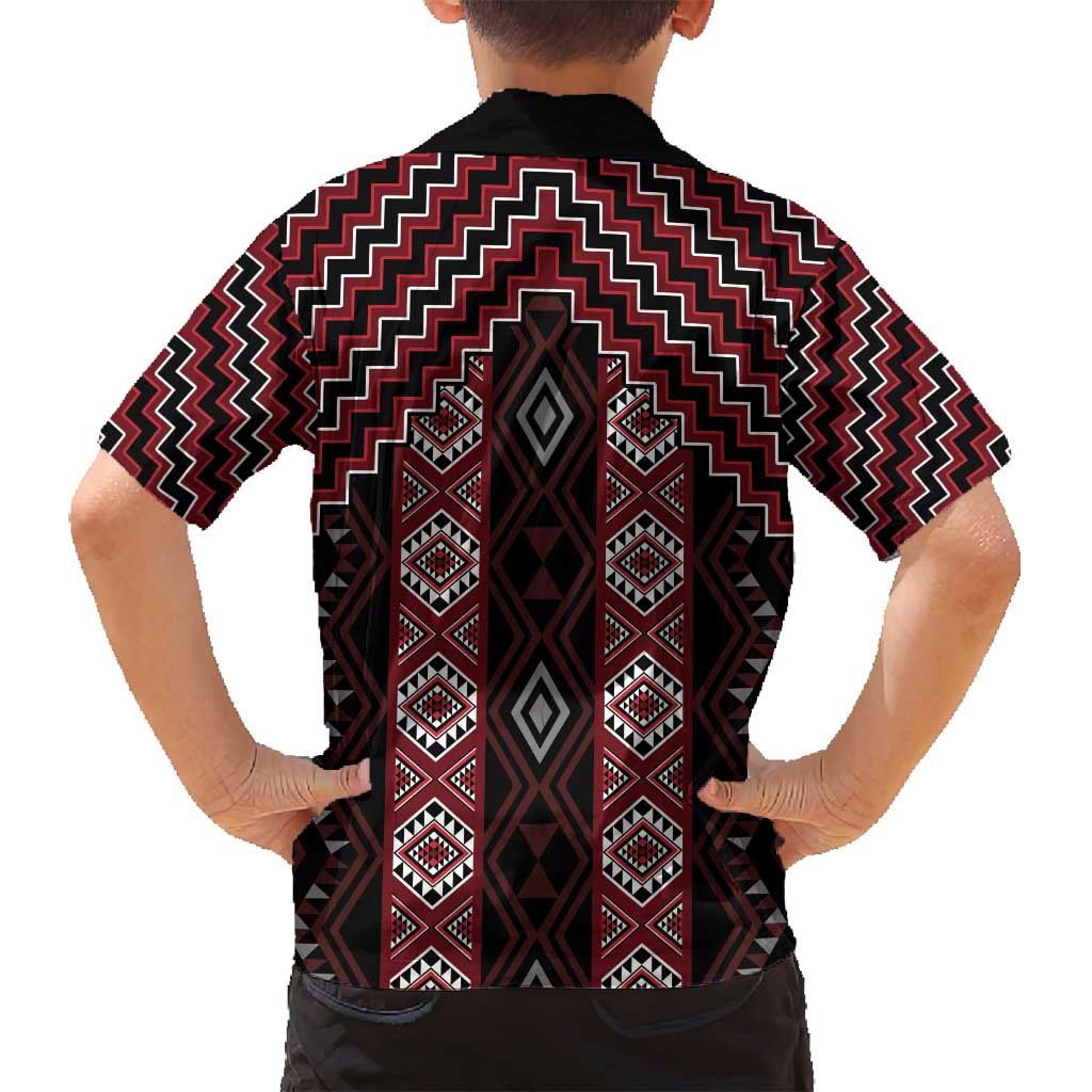 New Zealand Aotearoa Family Matching Off Shoulder Short Dress and Hawaiian Shirt Red Poutama With Taniko Pattern LT05 - Polynesian Pride