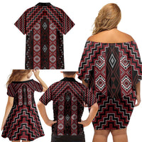 New Zealand Aotearoa Family Matching Off Shoulder Short Dress and Hawaiian Shirt Red Poutama With Taniko Pattern LT05 - Polynesian Pride