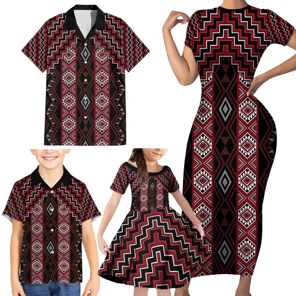 New Zealand Aotearoa Family Matching Short Sleeve Bodycon Dress and Hawaiian Shirt Red Poutama With Taniko Pattern LT05 - Polynesian Pride