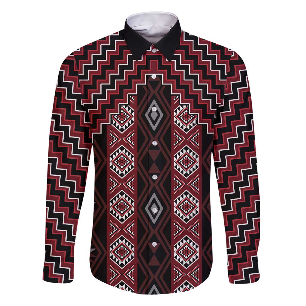 New Zealand Aotearoa Family Matching Short Sleeve Bodycon Dress and Hawaiian Shirt Red Poutama With Taniko Pattern LT05 Dad's Shirt - Long Sleeve Red - Polynesian Pride