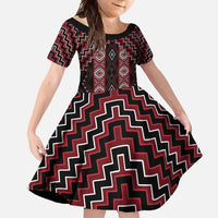 New Zealand Aotearoa Family Matching Summer Maxi Dress and Hawaiian Shirt Red Poutama With Taniko Pattern LT05 Daughter's Dress Red - Polynesian Pride