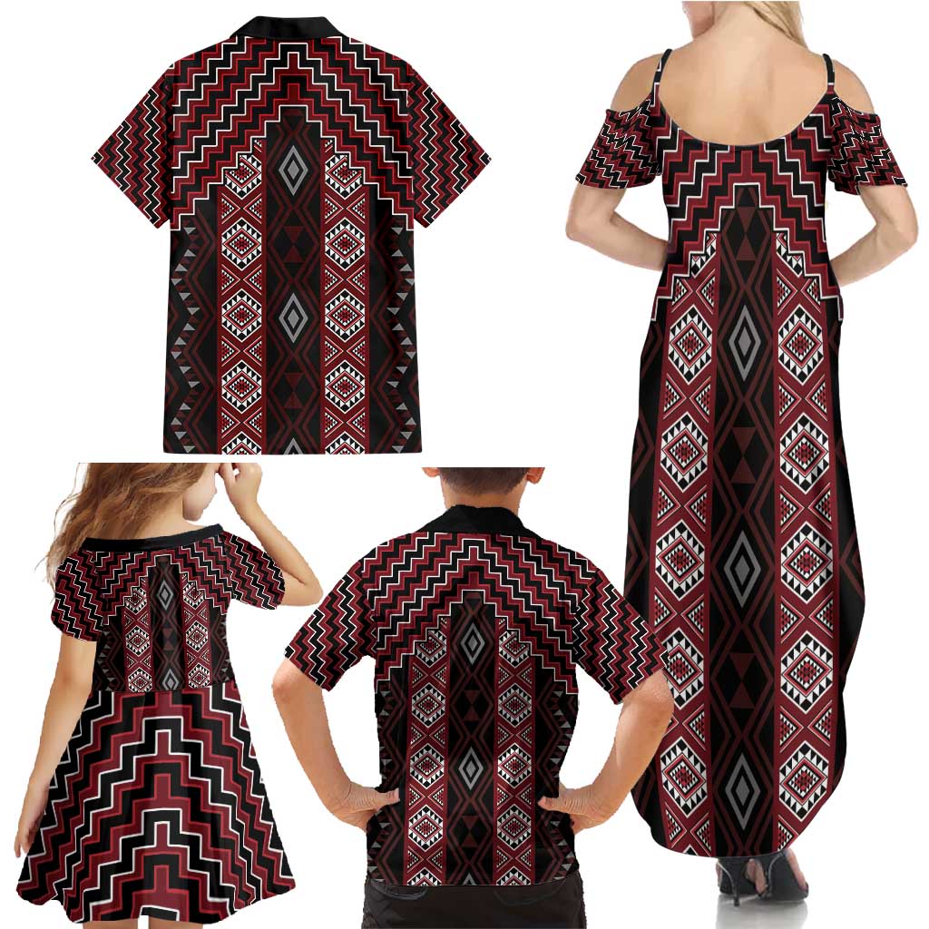New Zealand Aotearoa Family Matching Summer Maxi Dress and Hawaiian Shirt Red Poutama With Taniko Pattern LT05 - Polynesian Pride