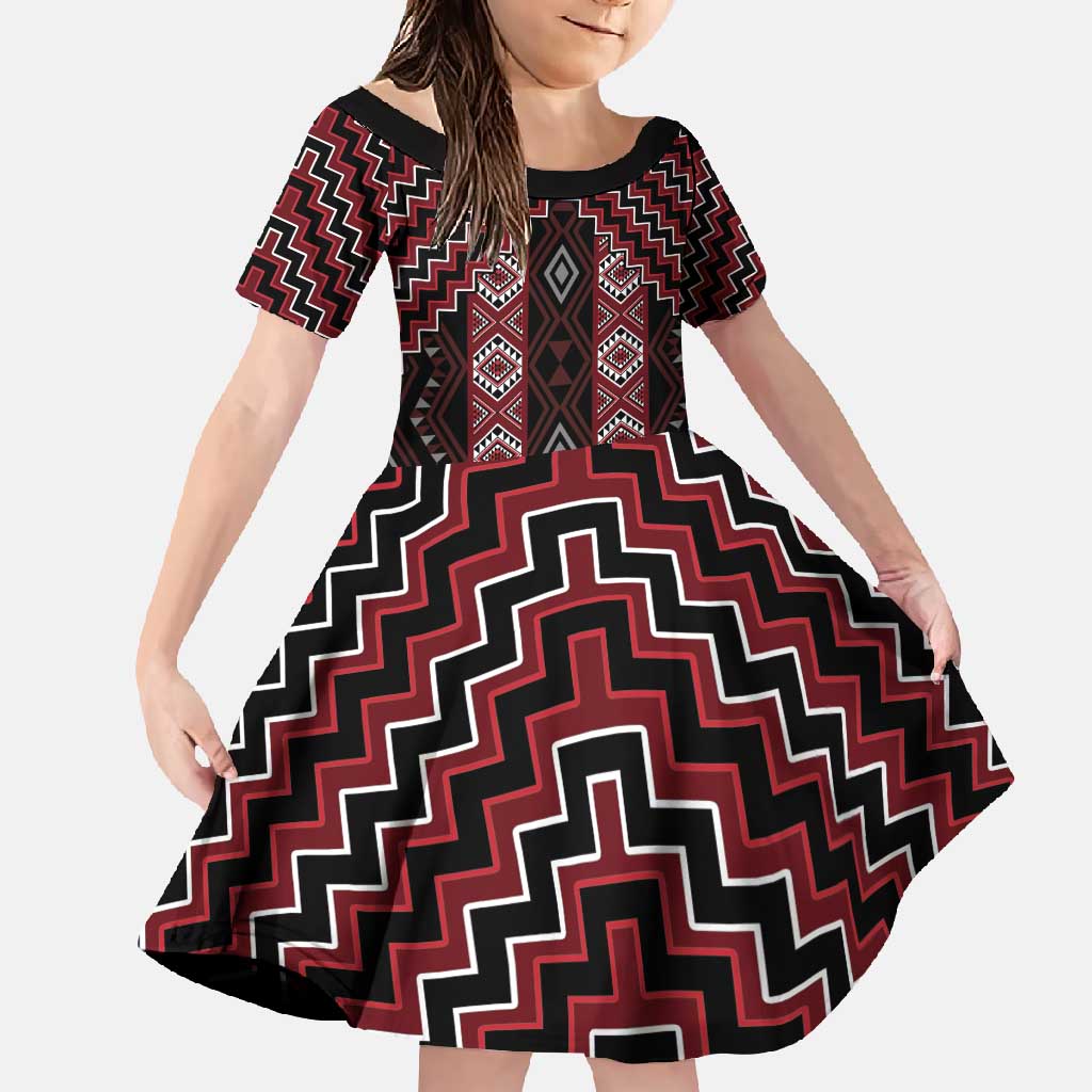New Zealand Aotearoa Family Matching Tank Maxi Dress and Hawaiian Shirt Red Poutama With Taniko Pattern LT05 Daughter's Dress Red - Polynesian Pride