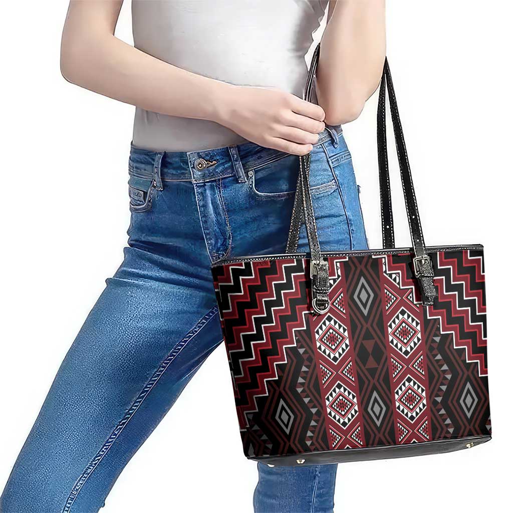New Zealand Aotearoa Leather Tote Bag Red Poutama With Taniko Pattern LT05