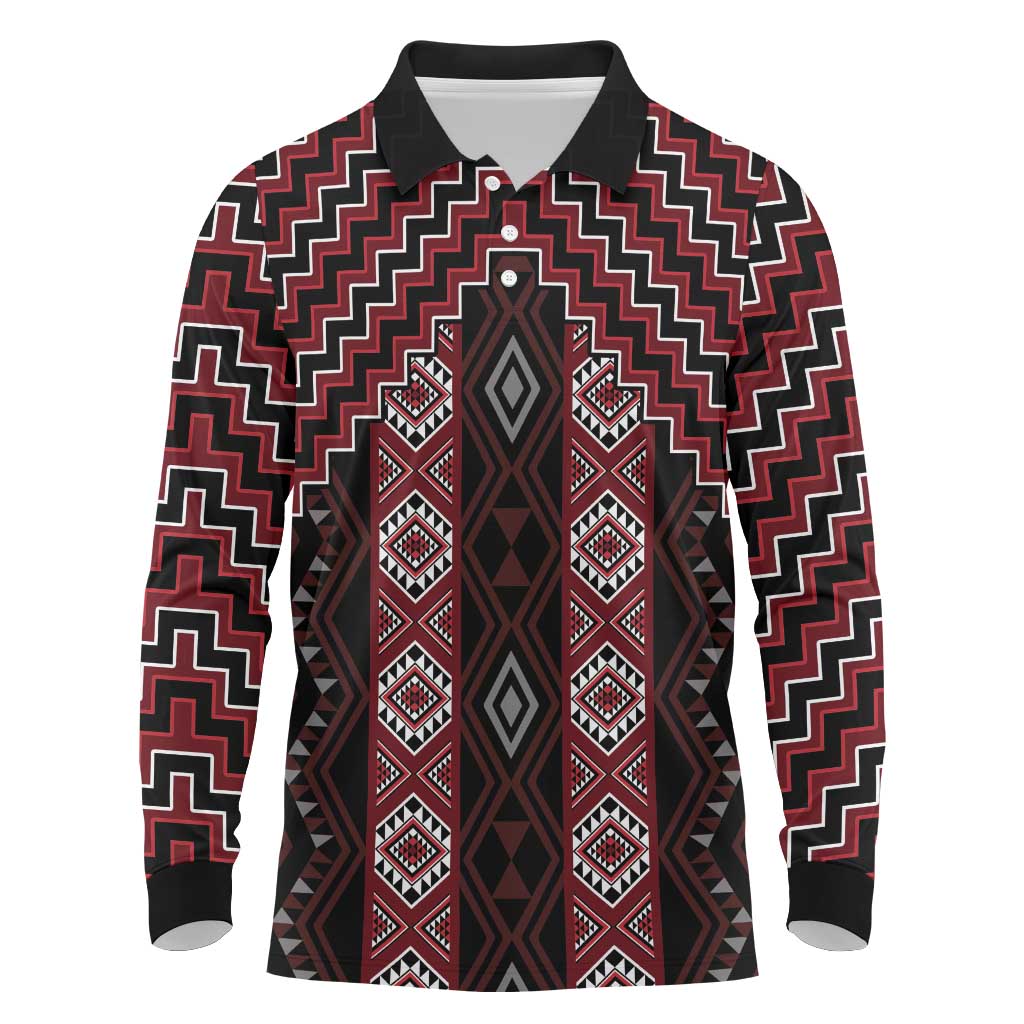 New Zealand Aotearoa Long Sleeve Polo Shirt Red Poutama With Taniko Pattern LT05