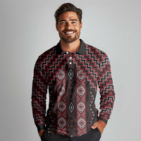 New Zealand Aotearoa Long Sleeve Polo Shirt Red Poutama With Taniko Pattern LT05