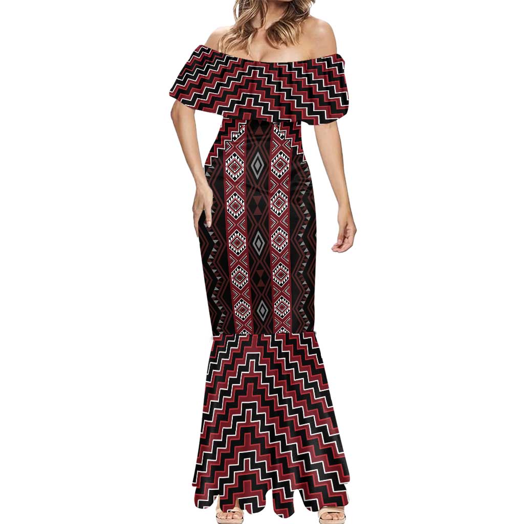 New Zealand Aotearoa Mermaid Dress Red Poutama With Taniko Pattern LT05 - Polynesian Pride