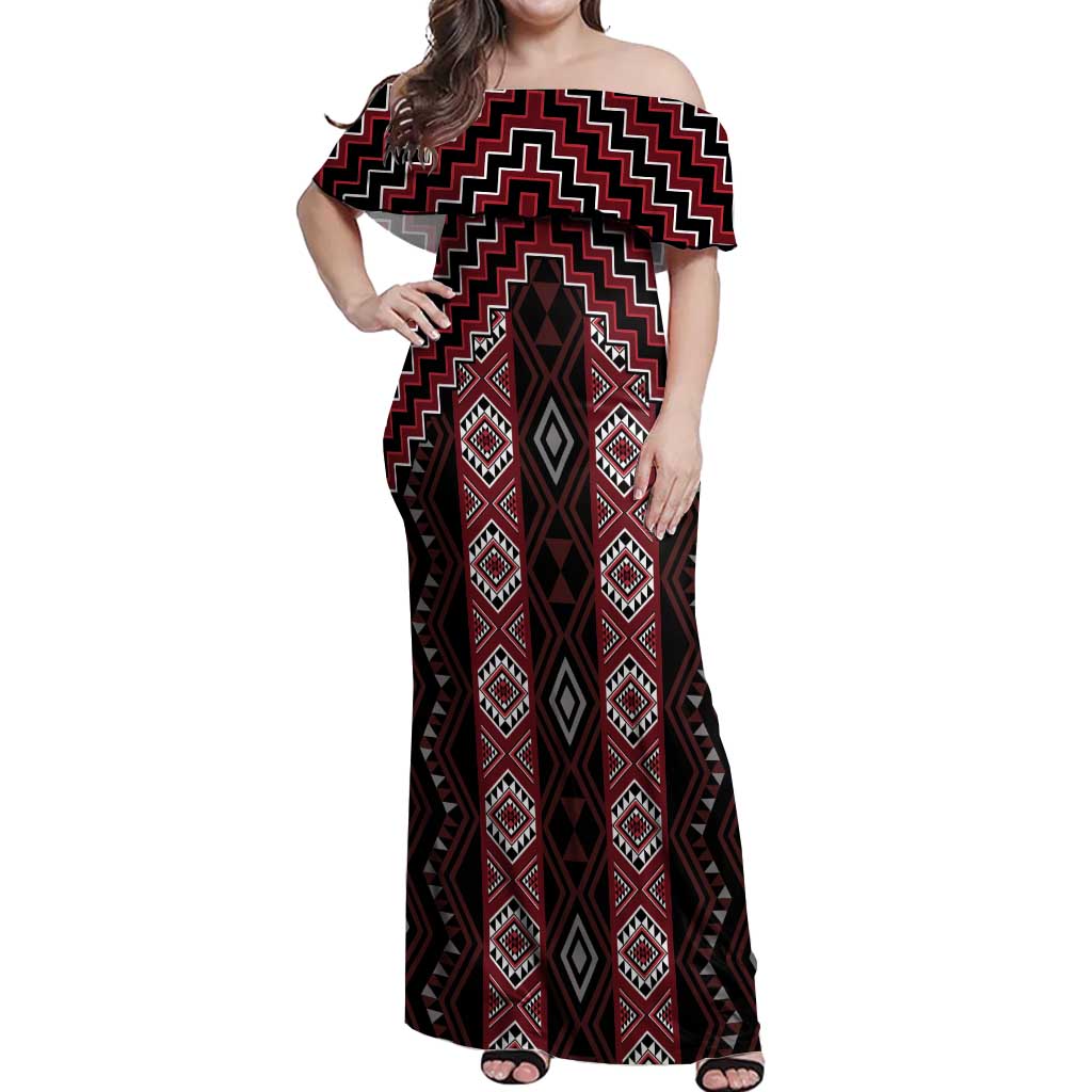 New Zealand Aotearoa Off Shoulder Maxi Dress Red Poutama With Taniko Pattern LT05 Women Red - Polynesian Pride