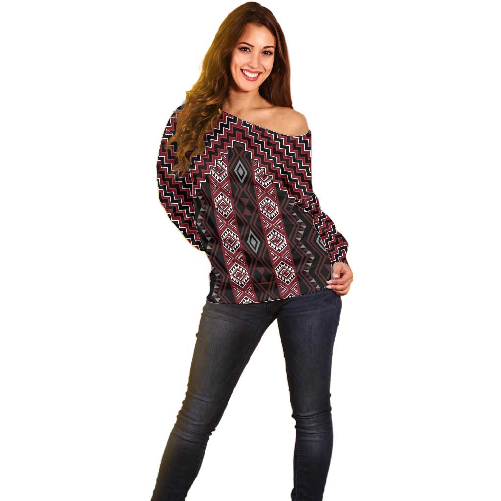 New Zealand Aotearoa Off Shoulder Sweater Red Poutama With Taniko Pattern LT05