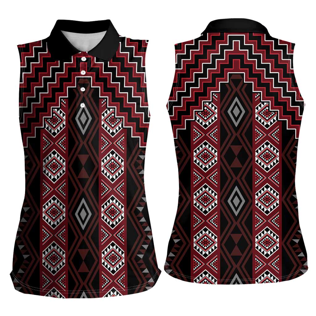 New Zealand Aotearoa Women Sleeveless Polo Shirt Red Poutama With Taniko Pattern LT05