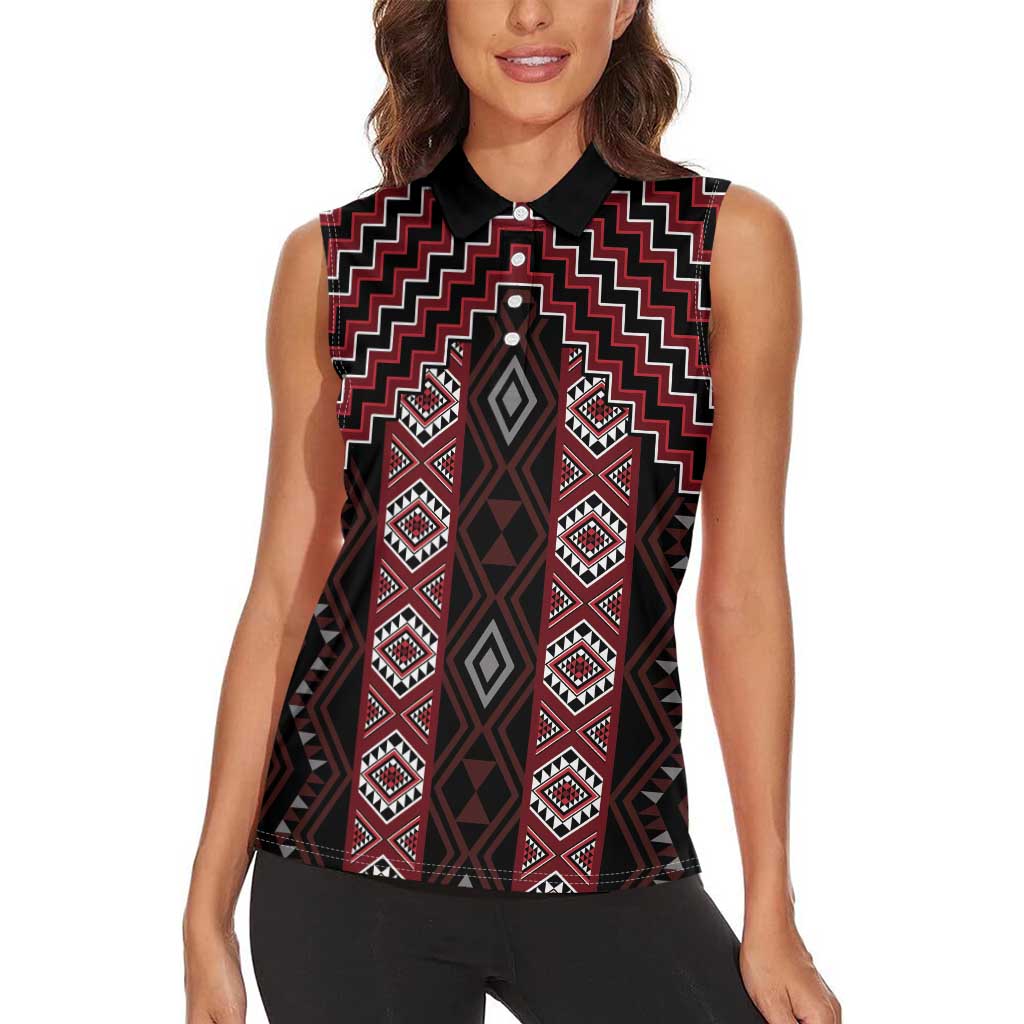 New Zealand Aotearoa Women Sleeveless Polo Shirt Red Poutama With Taniko Pattern LT05
