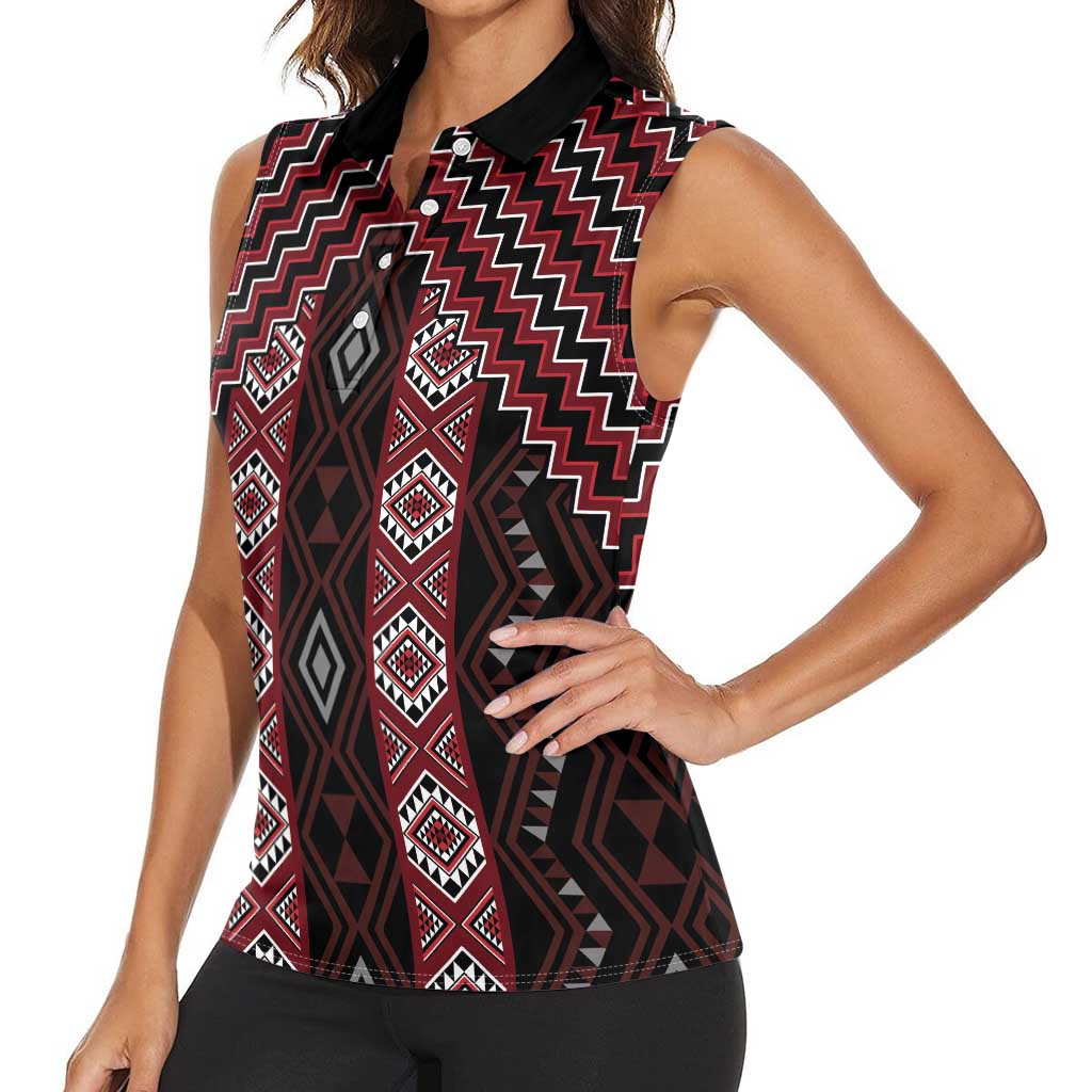 New Zealand Aotearoa Women Sleeveless Polo Shirt Red Poutama With Taniko Pattern LT05