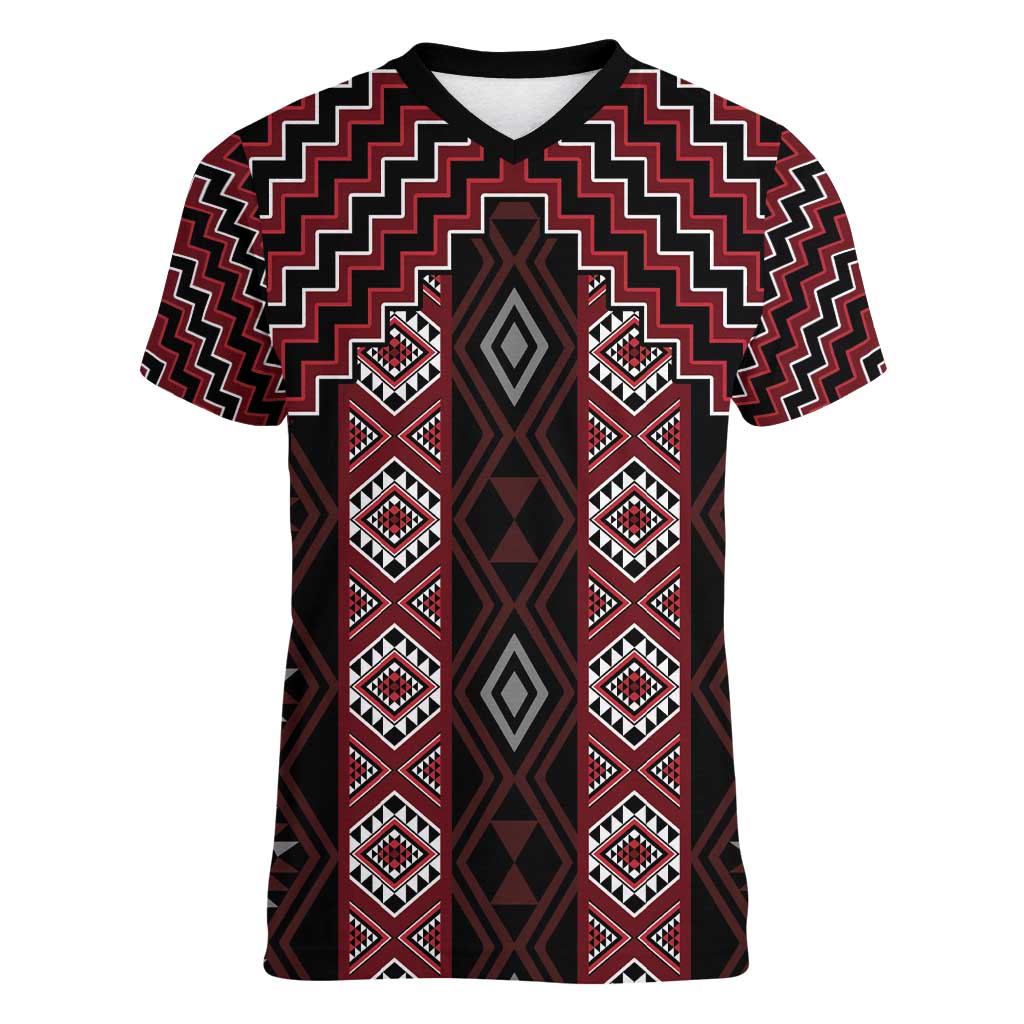New Zealand Aotearoa Women V-Neck T-Shirt Red Poutama With Taniko Pattern LT05
