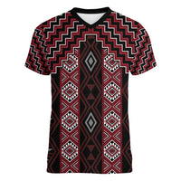 New Zealand Aotearoa Women V-Neck T-Shirt Red Poutama With Taniko Pattern LT05