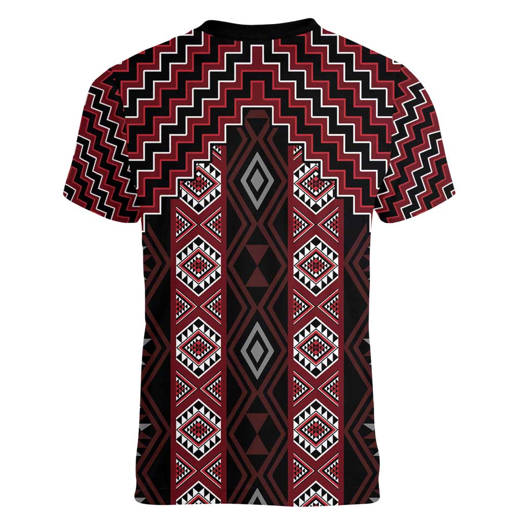 New Zealand Aotearoa Women V-Neck T-Shirt Red Poutama With Taniko Pattern LT05