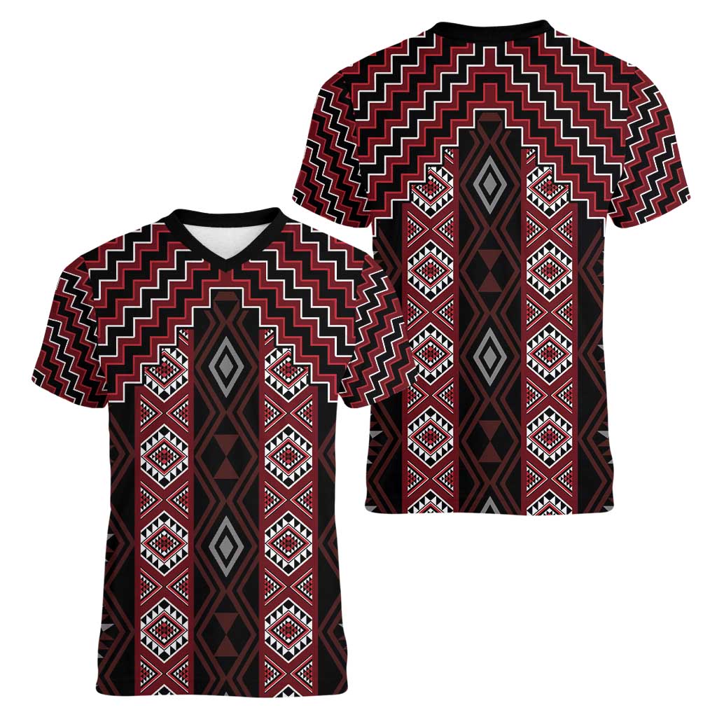 New Zealand Aotearoa Women V-Neck T-Shirt Red Poutama With Taniko Pattern LT05