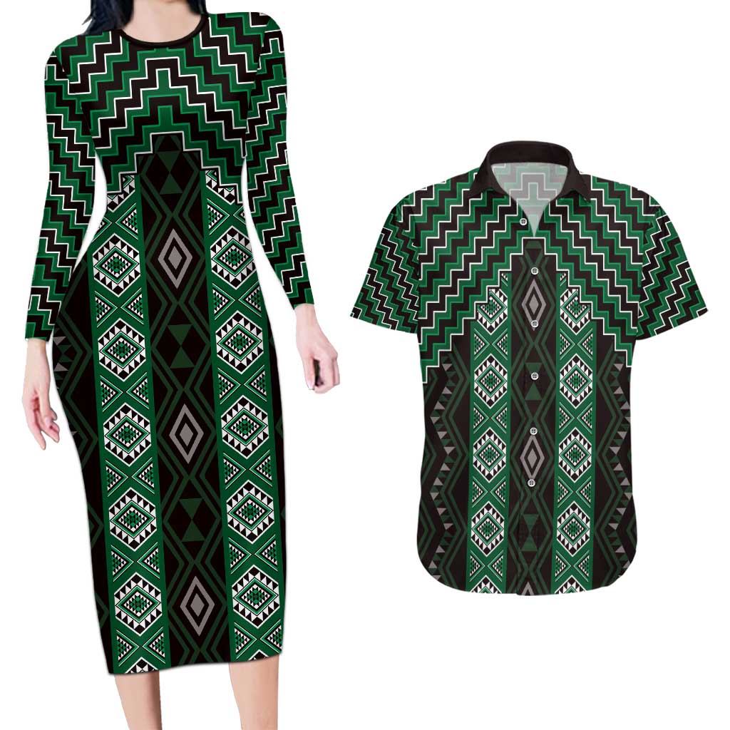 New Zealand Aotearoa Couples Matching Long Sleeve Bodycon Dress and Hawaiian Shirt Green Poutama With Taniko Pattern LT05 Green - Polynesian Pride