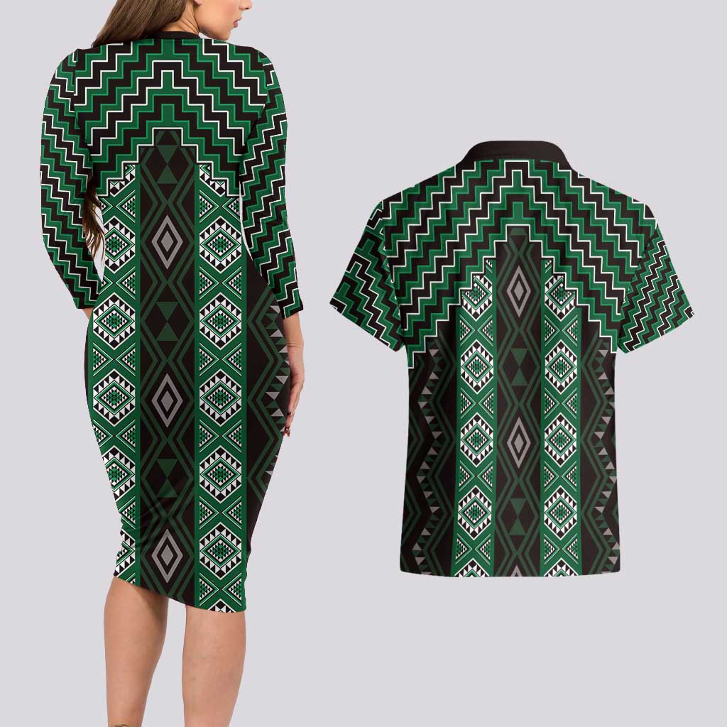 New Zealand Aotearoa Couples Matching Long Sleeve Bodycon Dress and Hawaiian Shirt Green Poutama With Taniko Pattern LT05 - Polynesian Pride