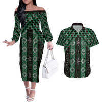New Zealand Aotearoa Couples Matching Off The Shoulder Long Sleeve Dress and Hawaiian Shirt Green Poutama With Taniko Pattern LT05 Green - Polynesian Pride