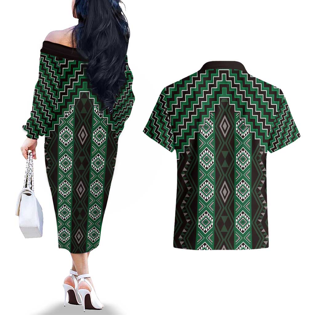 New Zealand Aotearoa Couples Matching Off The Shoulder Long Sleeve Dress and Hawaiian Shirt Green Poutama With Taniko Pattern LT05 - Polynesian Pride
