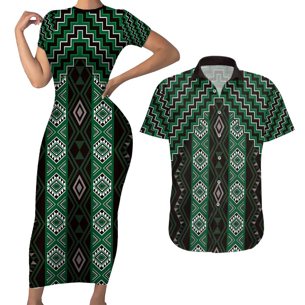 New Zealand Aotearoa Couples Matching Short Sleeve Bodycon Dress and Hawaiian Shirt Green Poutama With Taniko Pattern LT05 Green - Polynesian Pride