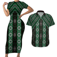 New Zealand Aotearoa Couples Matching Short Sleeve Bodycon Dress and Hawaiian Shirt Green Poutama With Taniko Pattern LT05 Green - Polynesian Pride