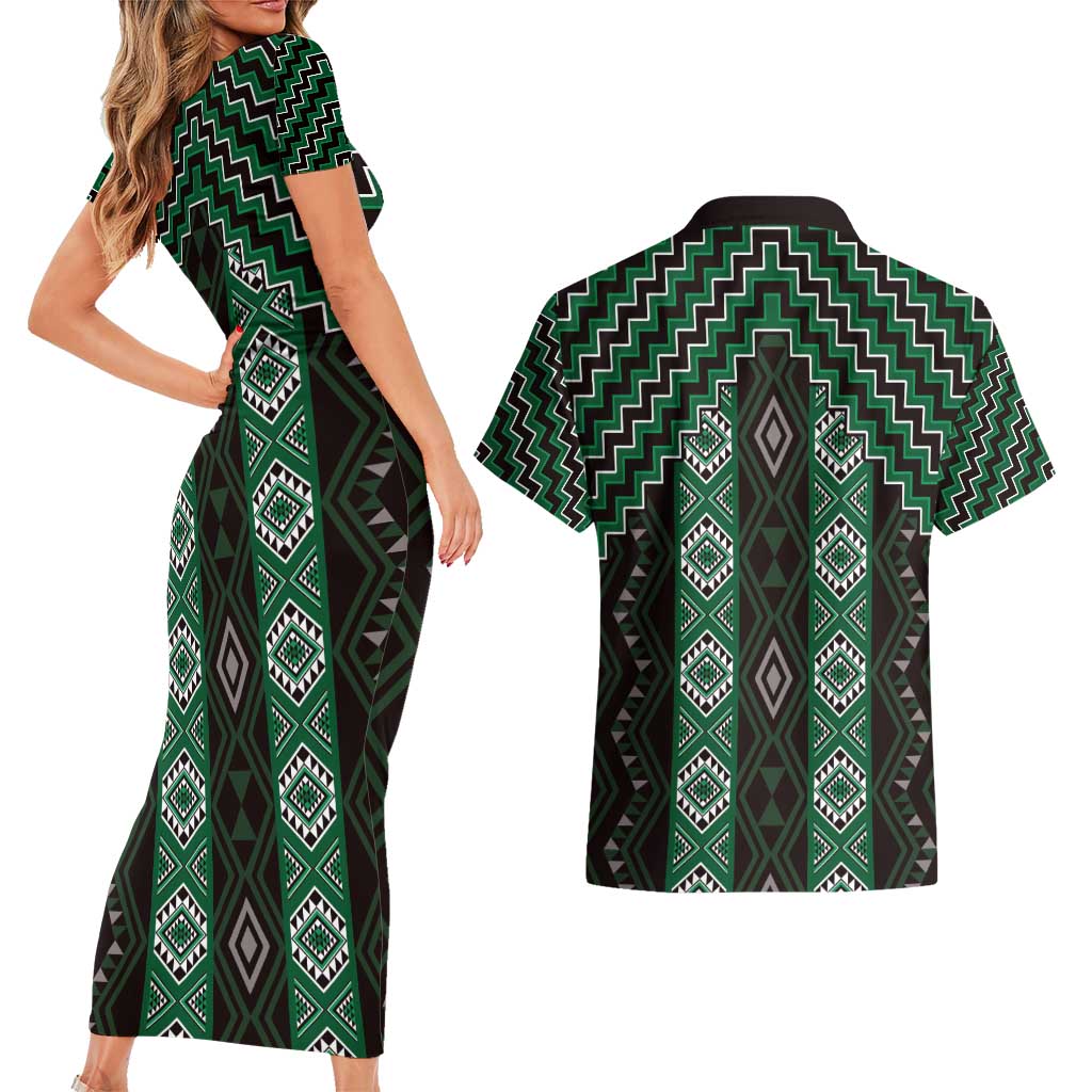 New Zealand Aotearoa Couples Matching Short Sleeve Bodycon Dress and Hawaiian Shirt Green Poutama With Taniko Pattern LT05 - Polynesian Pride