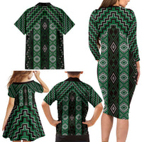 New Zealand Aotearoa Family Matching Long Sleeve Bodycon Dress and Hawaiian Shirt Green Poutama With Taniko Pattern LT05 - Polynesian Pride