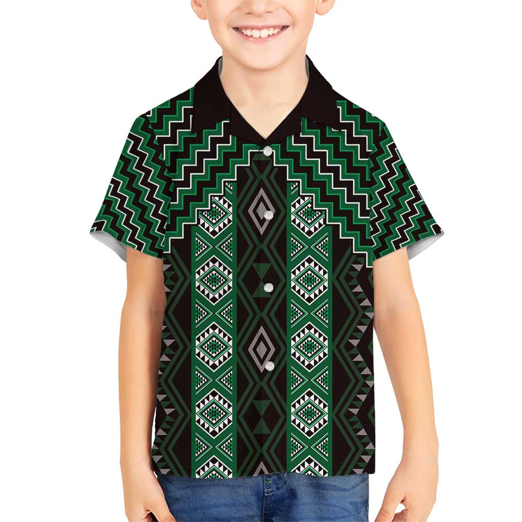 New Zealand Aotearoa Family Matching Long Sleeve Bodycon Dress and Hawaiian Shirt Green Poutama With Taniko Pattern LT05 Son's Shirt Green - Polynesian Pride
