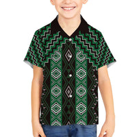 New Zealand Aotearoa Family Matching Long Sleeve Bodycon Dress and Hawaiian Shirt Green Poutama With Taniko Pattern LT05 Son's Shirt Green - Polynesian Pride
