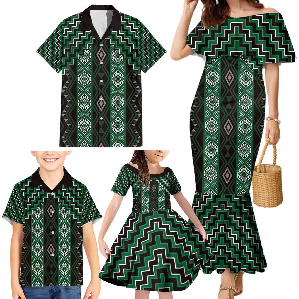 New Zealand Aotearoa Family Matching Mermaid Dress and Hawaiian Shirt Green Poutama With Taniko Pattern LT05 - Polynesian Pride