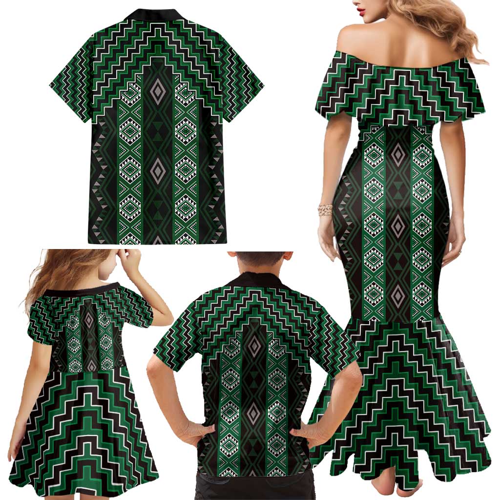 New Zealand Aotearoa Family Matching Mermaid Dress and Hawaiian Shirt Green Poutama With Taniko Pattern LT05 - Polynesian Pride