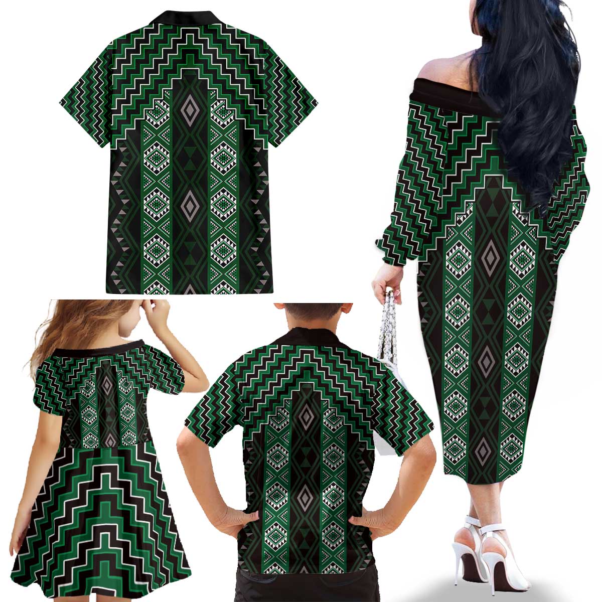 New Zealand Aotearoa Family Matching Off The Shoulder Long Sleeve Dress and Hawaiian Shirt Green Poutama With Taniko Pattern LT05 - Polynesian Pride