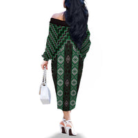 New Zealand Aotearoa Family Matching Off The Shoulder Long Sleeve Dress and Hawaiian Shirt Green Poutama With Taniko Pattern LT05 - Polynesian Pride