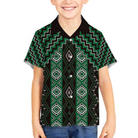 New Zealand Aotearoa Family Matching Off The Shoulder Long Sleeve Dress and Hawaiian Shirt Green Poutama With Taniko Pattern LT05 Son's Shirt Green - Polynesian Pride