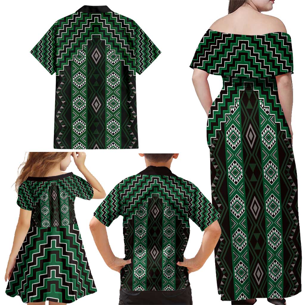New Zealand Aotearoa Family Matching Off Shoulder Maxi Dress and Hawaiian Shirt Green Poutama With Taniko Pattern LT05 - Polynesian Pride