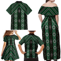 New Zealand Aotearoa Family Matching Off Shoulder Maxi Dress and Hawaiian Shirt Green Poutama With Taniko Pattern LT05 - Polynesian Pride