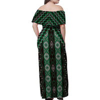 New Zealand Aotearoa Family Matching Off Shoulder Maxi Dress and Hawaiian Shirt Green Poutama With Taniko Pattern LT05 - Polynesian Pride