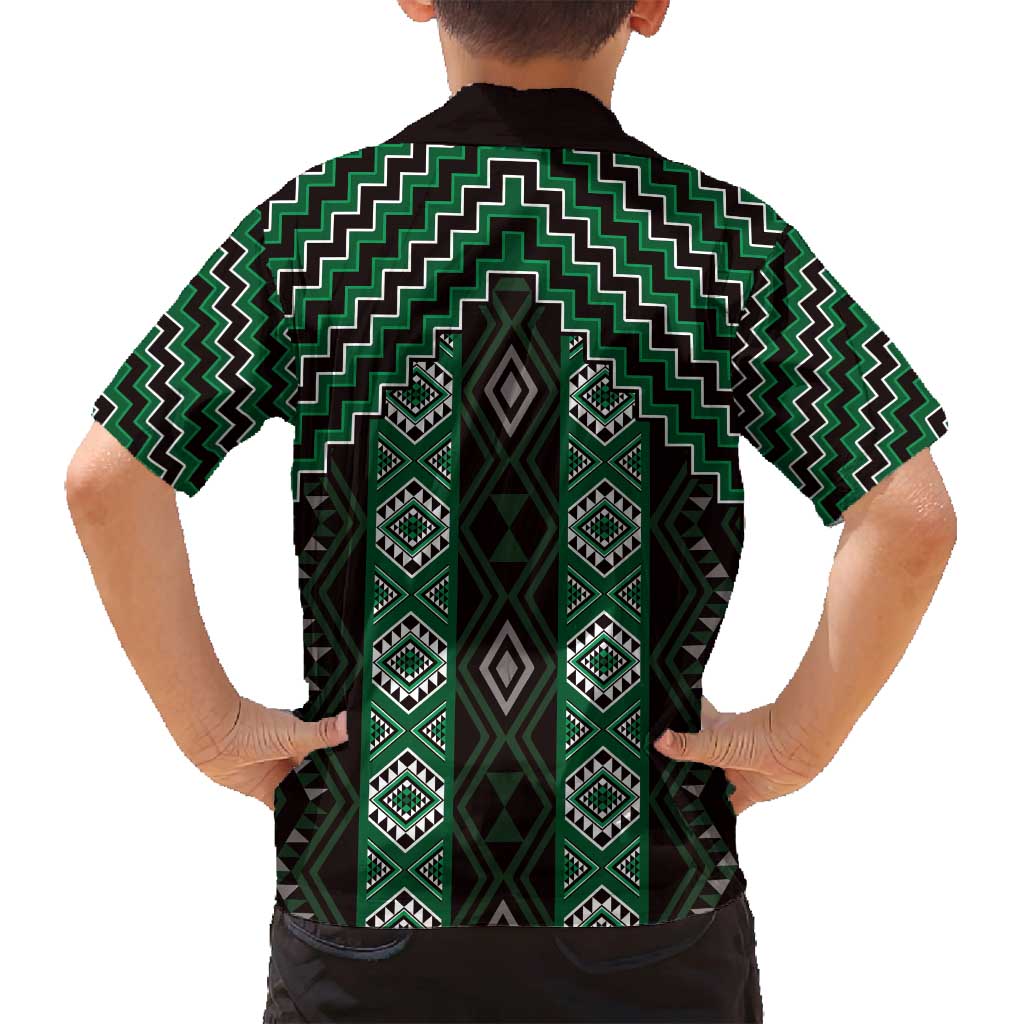 New Zealand Aotearoa Family Matching Off Shoulder Short Dress and Hawaiian Shirt Green Poutama With Taniko Pattern LT05 - Polynesian Pride
