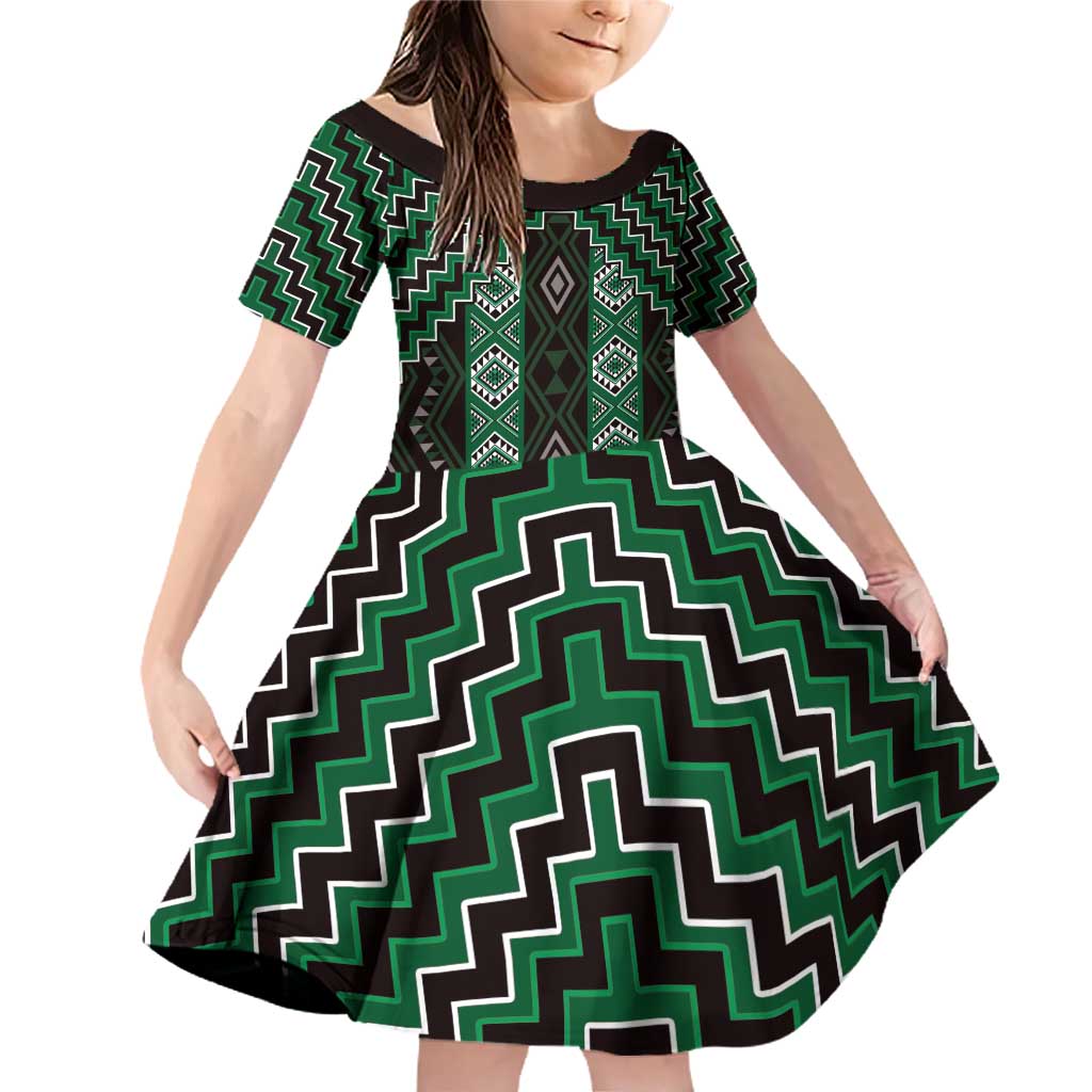 New Zealand Aotearoa Family Matching Off Shoulder Short Dress and Hawaiian Shirt Green Poutama With Taniko Pattern LT05 Daughter's Dress Green - Polynesian Pride