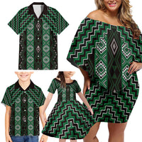 New Zealand Aotearoa Family Matching Off Shoulder Short Dress and Hawaiian Shirt Green Poutama With Taniko Pattern LT05 - Polynesian Pride
