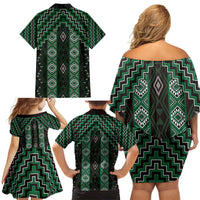 New Zealand Aotearoa Family Matching Off Shoulder Short Dress and Hawaiian Shirt Green Poutama With Taniko Pattern LT05 - Polynesian Pride