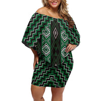 New Zealand Aotearoa Family Matching Off Shoulder Short Dress and Hawaiian Shirt Green Poutama With Taniko Pattern LT05 Mom's Dress Green - Polynesian Pride