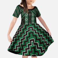 New Zealand Aotearoa Family Matching Puletasi and Hawaiian Shirt Green Poutama With Taniko Pattern LT05 Daughter's Dress Green - Polynesian Pride