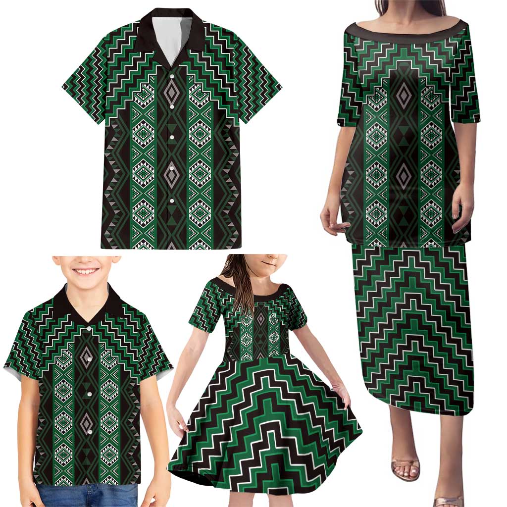 New Zealand Aotearoa Family Matching Puletasi and Hawaiian Shirt Green Poutama With Taniko Pattern LT05 - Polynesian Pride