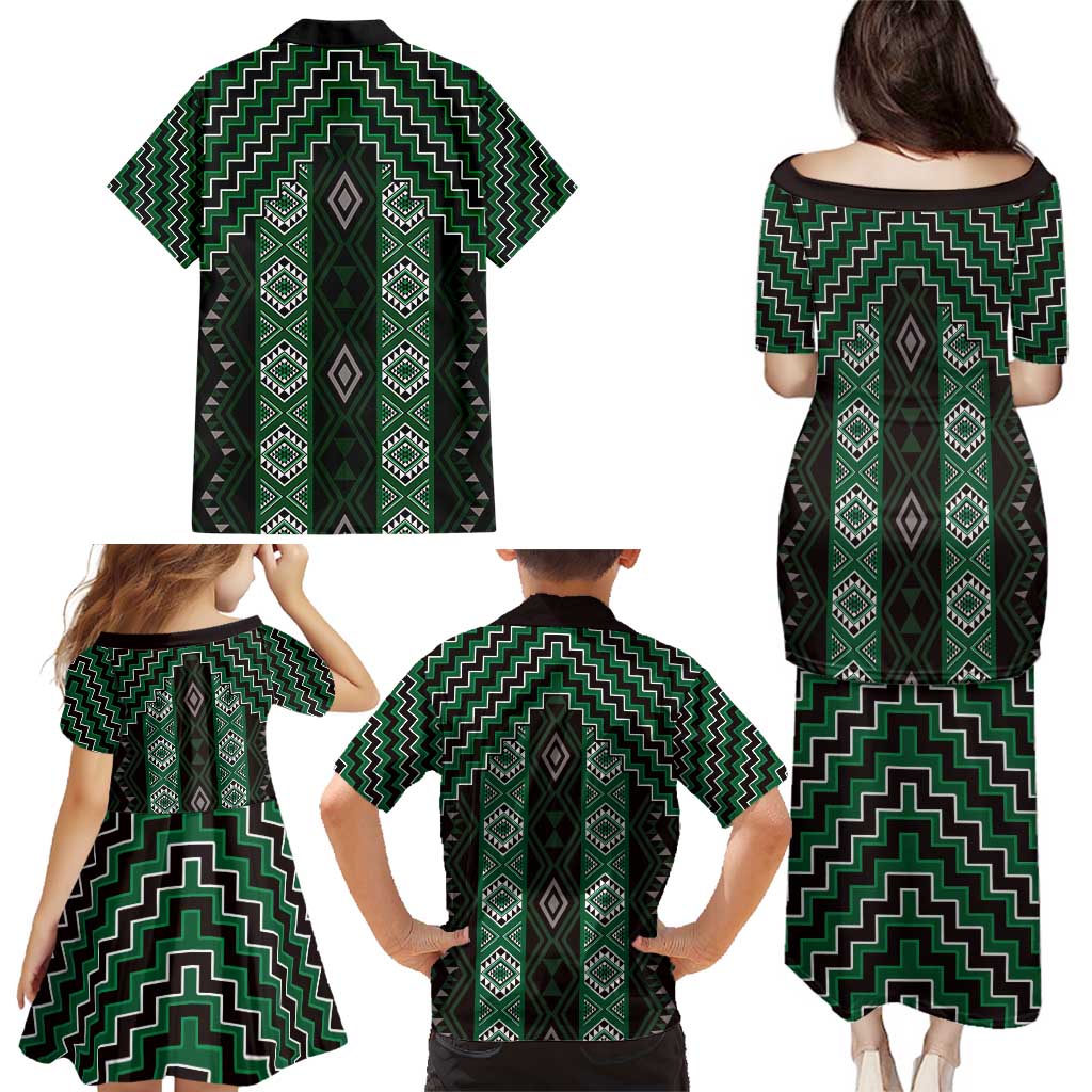New Zealand Aotearoa Family Matching Puletasi and Hawaiian Shirt Green Poutama With Taniko Pattern LT05 - Polynesian Pride