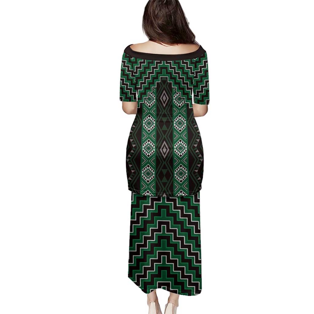 New Zealand Aotearoa Family Matching Puletasi and Hawaiian Shirt Green Poutama With Taniko Pattern LT05 - Polynesian Pride